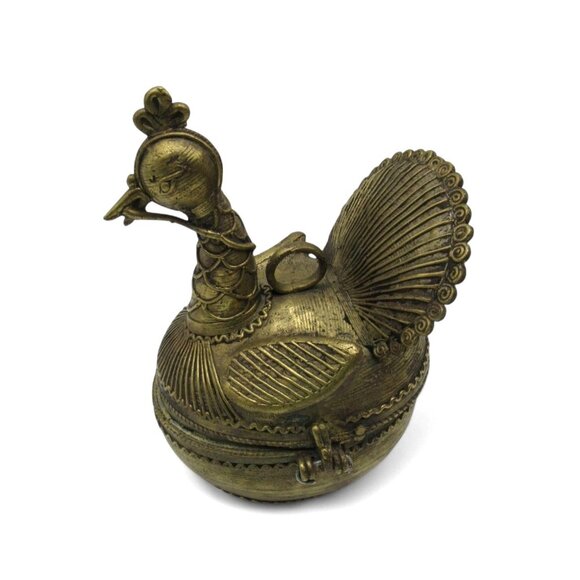 BRASS PEACOCK Dhokra with Hinged Lid Organizer India Vintage 7.5" - Picture 3 of 11